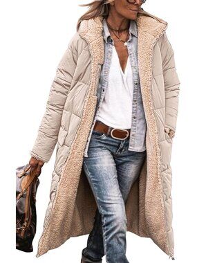 Women's Light Khaki Winter Fleece Warm Long Coats Sherpa Faux Fur Hooded Neck